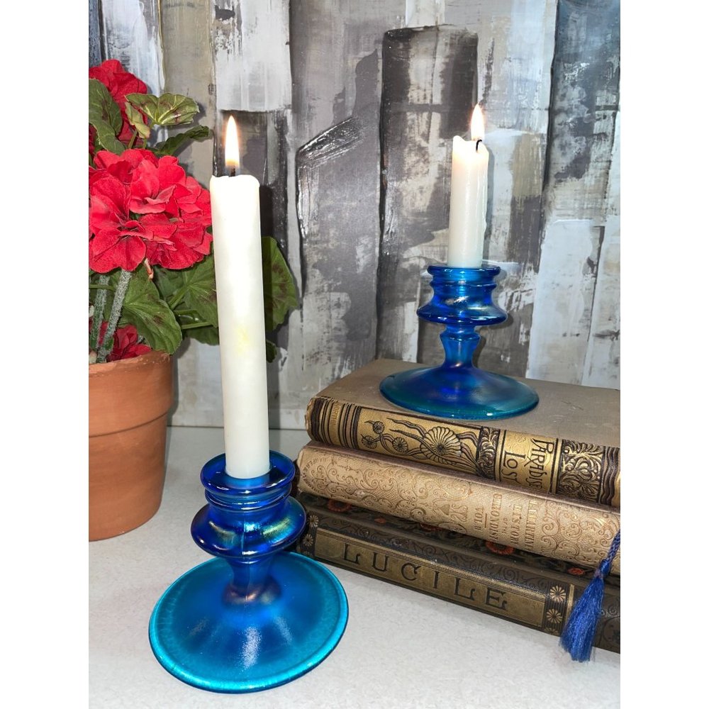 Vintage Fenton Blue Carnival Glass Stretch Candle Holders Candlesticks